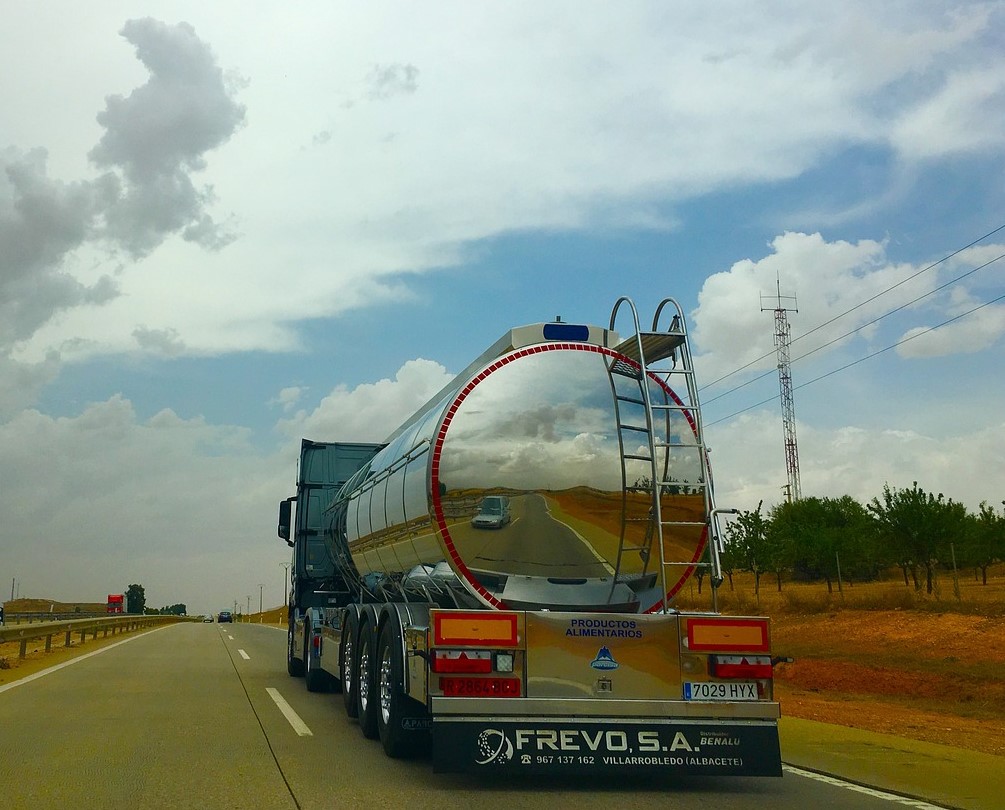 aluminum tank trailer driving on the road