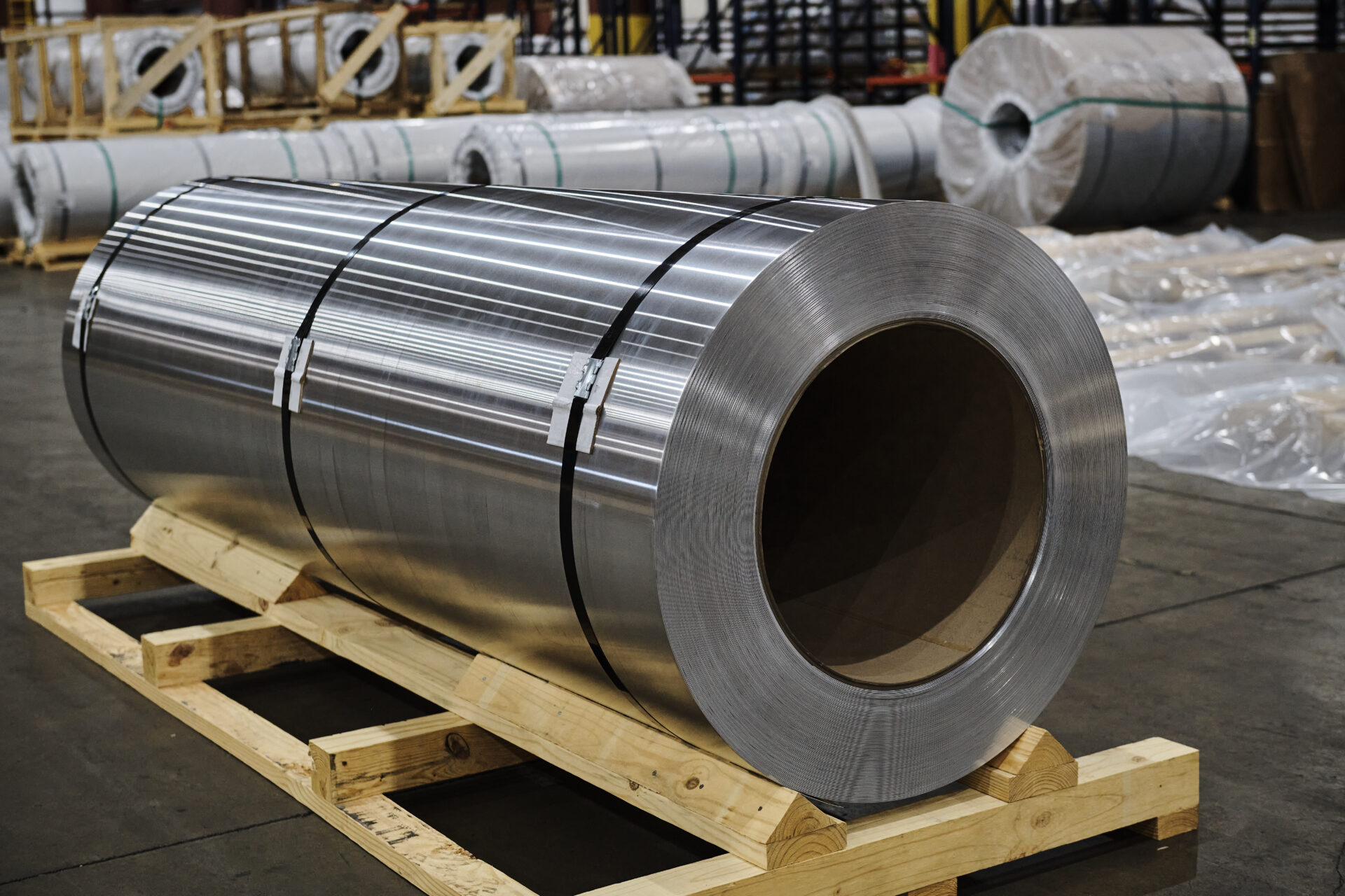 aluminum coil roll strapped onto a pallet